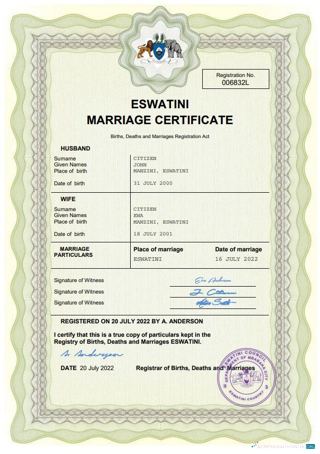 Download Eswatini marriage certificate Word and PDF template Photoshop template